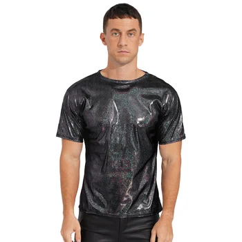Vīriešu Modes Krekli Spīdīga Metāla Topi ar Īsām Piedurknēm T-krekls Gadījuma Tee Krekli Dzirkstošo Apaļu Kakla Topi Rave Puse Clubwear