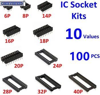 100gab/Box 2.54 mm Piķis DIP IC Sockets Lodēt Tips Adapteris Sortimentu Komplekts (6/8/14/16/18/24/28/40 Pins)