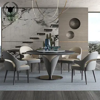 Itālijas gaismas luksusa marmora dizainers pusdienu galda ar vinilplašu masīvkoka rīsu galda, krēsla, ēdamistabas mēbeles