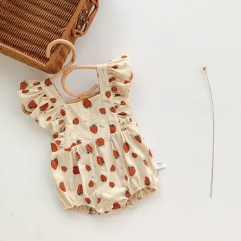 INS Jaundzimušais Baby Girl Vasaras Apģērbs Ruffles Piedurknēm Backless Laukumā Apkakles Zemeņu Drukāt Kokvilnas Romper Bodysuit Tērpos 0-24M