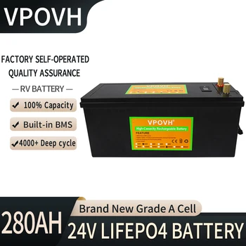 24V 280Ah LiFePO4 Baterijas Iebūvēts BMS Litija Dzelzs Fosfāta Šūnu 4000 Ciklu RV Campers Golfa Grozā Saules Uzglabāšana + Lādētājs