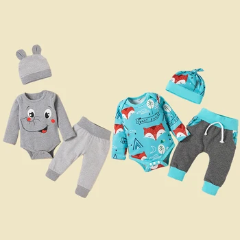 Rudenī Un Ziemā Jauni Zēni Dzīvnieku Print garām piedurknēm Toddler Uzvalks Trīs gabals, kas par parastu Aukliņu Bikses ar Cepuri 0-12M