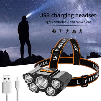 5Heads Flashlamp USB Uzlādes LED Spēcīgas Lukturu Super Spilgti 5W HeadMounted Lukturi Āra Nakts Zvejas Kāju Kempings