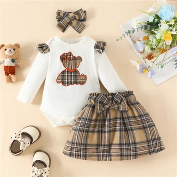 Toddler Infant Baby Meitenes, Pavasaris, Rudens 3 Gabals Apģērbu ar garām Piedurknēm Savirmot Karikatūra Romper un Pleds Svārki Galvu Komplekti
