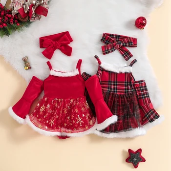 FOCUSNORM 0-24M Infant Baby Meitenes Ziemassvētku Romper Kleita 2gab Sniegpārslas/Pleds Drukāt garām Piedurknēm Pie Pleca Jumpsuit + Galvas stīpa