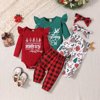 FOCUSNORM 0-24M Baby Meitenes Ziemassvētku Apģērbu Komplekti 3pcs garām Piedurknēm Vēstuli Izdrukāt Romper + Briedis/Pleds Bikses + Galvas stīpa