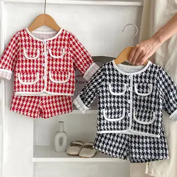 2023 Pavasara Rudens Infant Baby Meitenes 2GAB Apģērbu Komplekts Kokvilnas garām Piedurknēm Houndstooth Mēteli, Bikses, Uzvalks Toddler Meiteņu Tērpiem