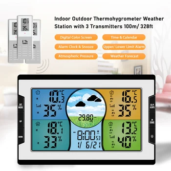 Digitālā Laika Stacija ar 3 Tālvadības Sensori 100m Iekštelpu un Āra Temperatūru, Mitrumu, Monitors Modinātājs Thermohygrometer