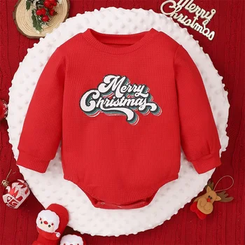 Puika Meitenes Ziemassvētku Krekls Romper Vafeļu Garām Piedurknēm Crewneck Vēstuli Izdrukāt Burbulis Kritums Apģērbu