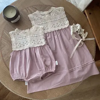 Vasarā Jauni Bērnu Meitene Māsas Zīdaiņu Apģērbs Bez Piedurknēm Bodysuit Meiteņu Mežģīņu Ziedu Kleita Princese Toddler Jumpsuit Meiteņu Drēbes