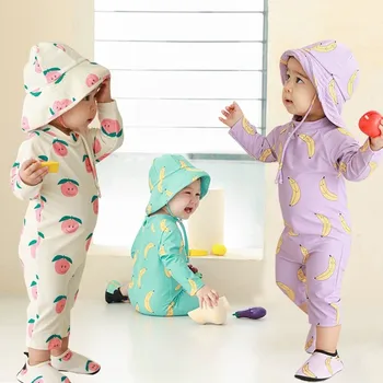 Bērnu Modes Peldēt Apģērbu Long piedurknēm Jumpsuit+Sauļošanās Klp 2gab Infantil Zēni Meitenes Elpojošs Sauļošanās Peldkostīmu Āra