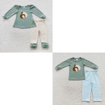 Zīdaiņu Izšuvumi turcija Bērniem Iestatīt Zaļu Kokvilnas Krekls Pidžamu Pleds Bikses Matching Zēns Meitene Toddler Bērniem Pateicības Apģērbs