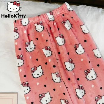 Sanrio Hello Kitty Halloween Flaneļa Pidžamas Bikses Sieviešu Rudens Ziemas Plīša Ikdienas Mājas Valkāt Pidžamas Bikses Y2k Kawaii Sleepwear