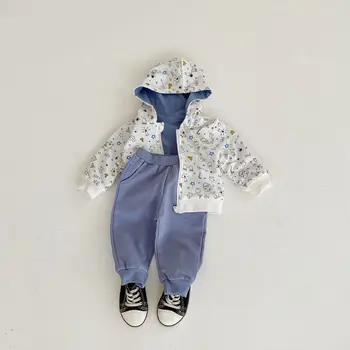 2023 Pavasara Rudens Zīdaiņu Meitenēm 2GAB Apģērbu Komplekts Kokvilnas Iespiests ar garām Piedurknēm ar Rāvējslēdzēju Hooides Bikses, Uzvalks Toddler Meiteņu Tērpiem