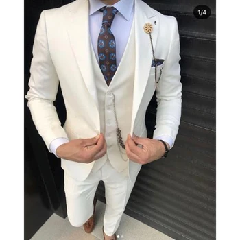 3 Gabals Gadījuma Ziloņkaula Vīriešu Uzvalki Terno Slim Fit Oficiālu Līgavainis Balles Kleitu Labākais Cilvēks Kāzu Uzvalku Kostīmu Homme (Žakete+Veste+Bikses)