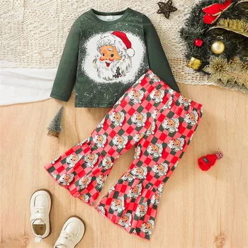 Baby Girl 2gab Ziemassvētku Tērpiem garām Piedurknēm Santa Drukāt Topi + Šaha Bikses Kopa Toddler Apģērbi