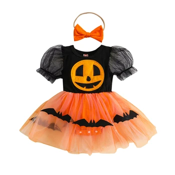 Jaundzimušā bērna Meitene Romper Kleita Halloween Drēbes Ķirbju Sejas Bat Īsām Piedurknēm Acs Svārki Bērnu Bodysuits ar Galvu