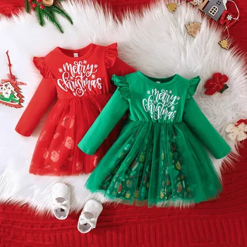 Baby Meitenes Ziemassvētku Kleita Tilla Kleitas Santa Claus Drukāt Princese Kleita Rudens Toddler Bērnu Puses Apģērbu Meitenēm 9M-ź5 y