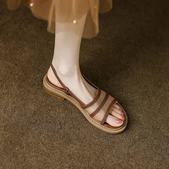 Modes Jauns Korejiešu Maigo Ādu Acu Dzija, Kas Pakļauta Toe Sandales Sieviete, Vasarā Vienkārši Atbilstošo Zemiem Papēžiem Kurpes Sandales Dizainers