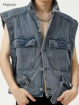 Džinsa Vestes Vīriešu Vasaras Mazgā Retro Kovboju Klasiskā Veste Hong Kong Stila Streetwear Ērtu Jostas Vienotā Krūtīm Šiks