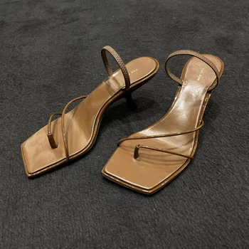 DEONTE2023 Jaunas, Īstas Ādas Retro Kvadrātveida Kājām Šķipsnu Sandales Modes augstpapēžu Čības Sievietēm sieviešu sandales