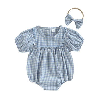 Jaundzimušais Zīdainis Infant Baby Girl Vasaras Apģērbs Set Īss Puff Piedurknēm Pleds Drukāt Romper Jumpsuit ar Priekšgala Galvu Apģērbs