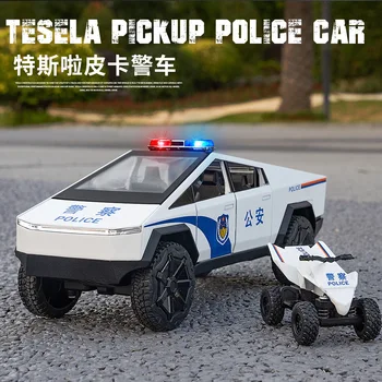 :24 Tesla Pikaps Policijas Automašīnu Augsta Simulācijas Lējumiem Metālu Sakausējumu Modeļa Automašīnas Skaņu, Gaismu, Pavelciet Atpakaļ Vākšana Bērniem Rotaļlietas Dāvanas