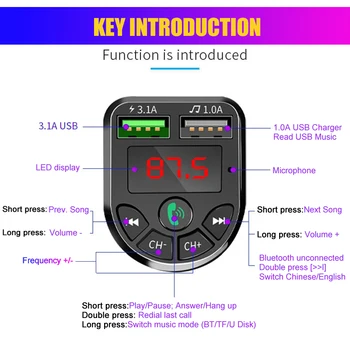 Bluetooth 5.0 Dual USB lādētājs 3.1 Automašīnas Bluetooth, MP3 atskaņotājs, Bezvadu brīvroku režīmā Dual USB Izturīgs Augstas Kvalitātes