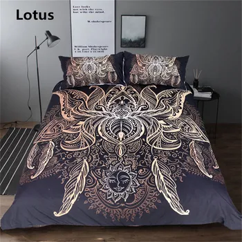 Bohemian gultas komplekts Drukāts golden lotus bruņurupucis sega sedz komplekti, 11 izmērs gultasveļa gultas komplekti boho karalienes mierinātājs komplekti H69